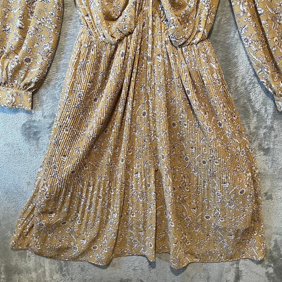 Floral Midi Dress Yellow Ruched Front Pleated Skirt Cottagecore Indie Feminine M - Picture 3 of 8